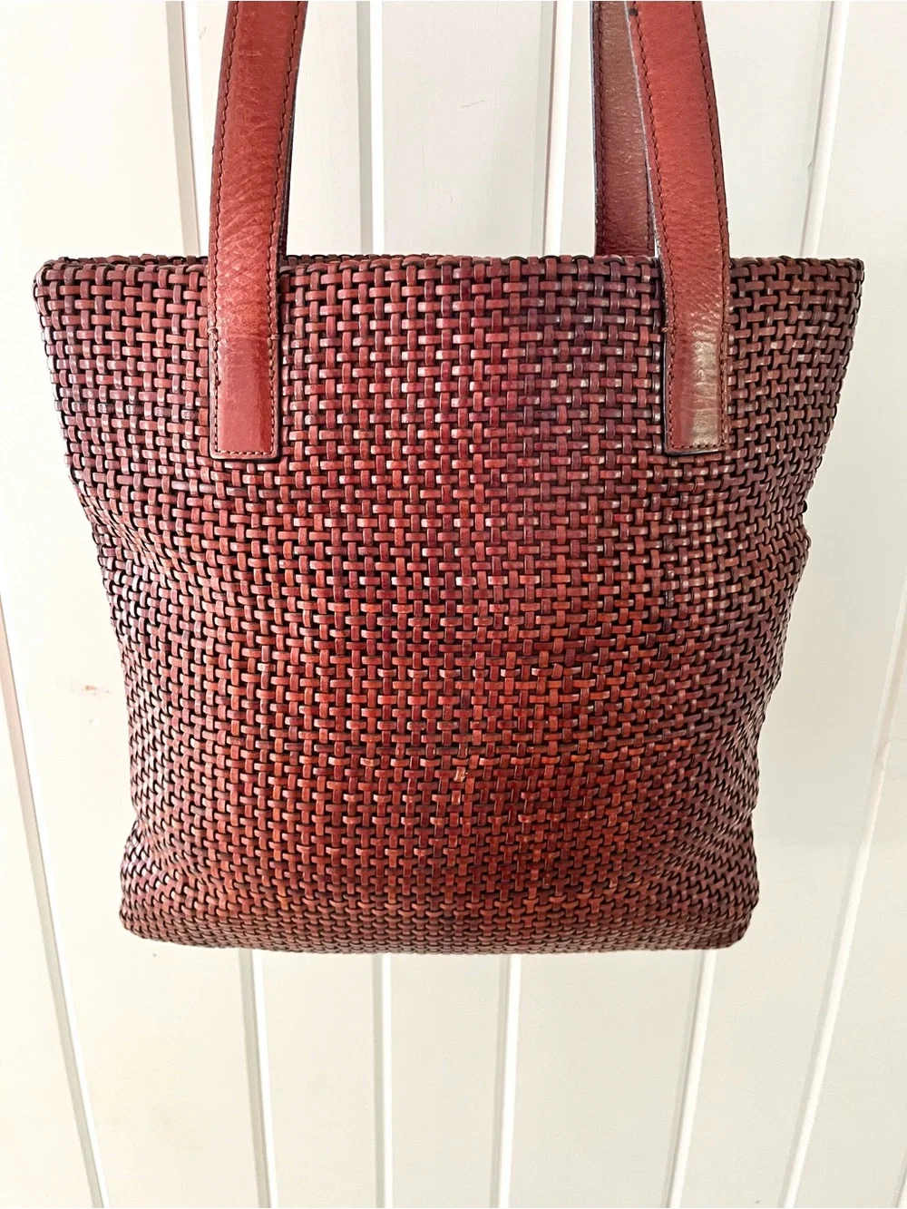 Americana by Sharif Vintage Cognac Brown leather woven tote bag